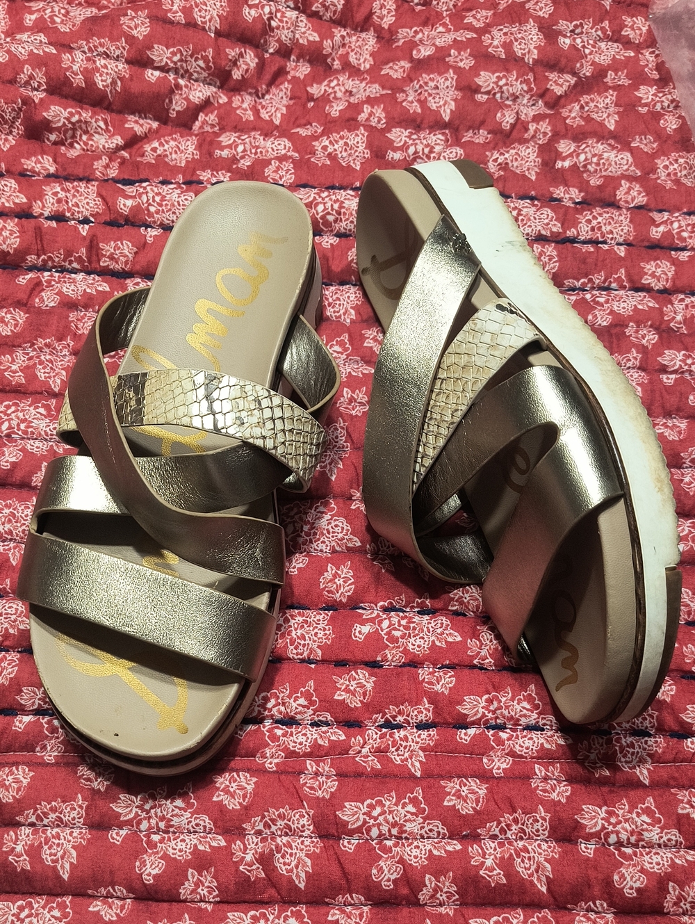 Sam Edelman Women’s Metallic Gold Platform Slide Sandals with Crisscross Straps